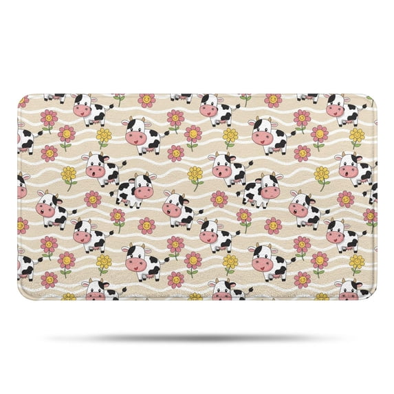 Beige Cow Flower Pattern Bathroom Rugs Mat,Non Slip Microfiber Bathroom Rug,Rubber Backing,Soft Bathroom Mats for Bathroom Floor,Tub and Shower,17x30in(43x75cm)