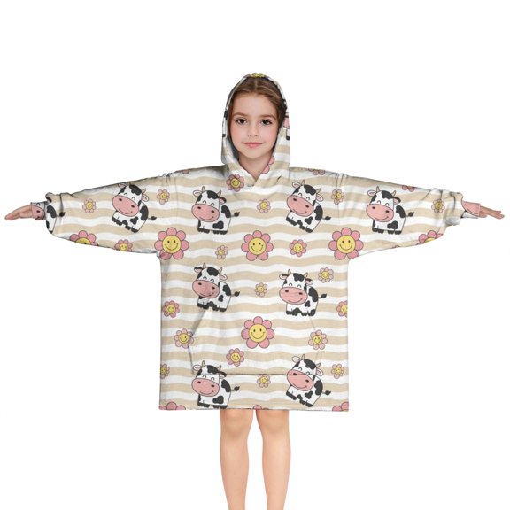 Beige Cow Flower Pattern Blanket Hoodies for Kids 6-13YR Oversize Wearable Blanket Hoodies for Boys Girls Teens