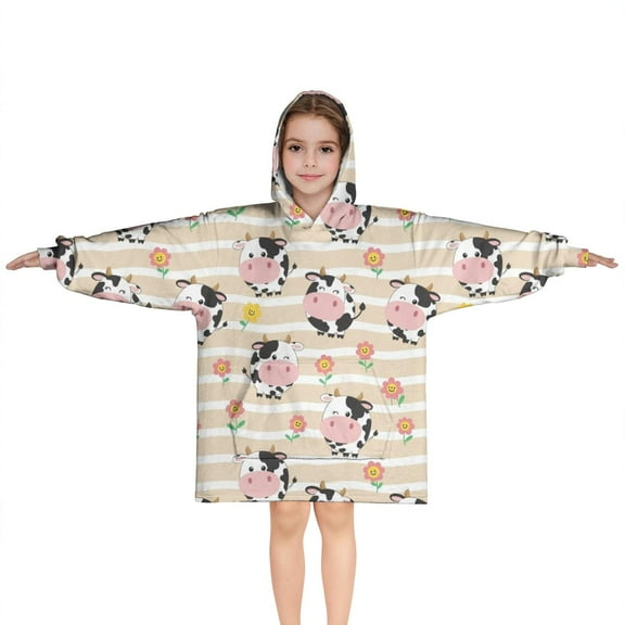 Beige Cow Flower Pattern Blanket Hoodies for Kids 6-13YR Oversize Wearable Blanket Hoodies for Boys Girls Teens
