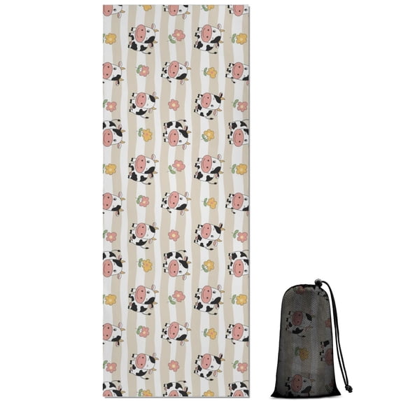 Beige Cow Flower Pattern Hot Yoga Mat Towel Non Slip for Hot Yoga - Quick-Drying Yoga Mat Cover with 4 Corner Pockets with Travel Bag - Hot Yoga Towel Non Slip Grip Moisture Wicking Sweat 70"x26"
