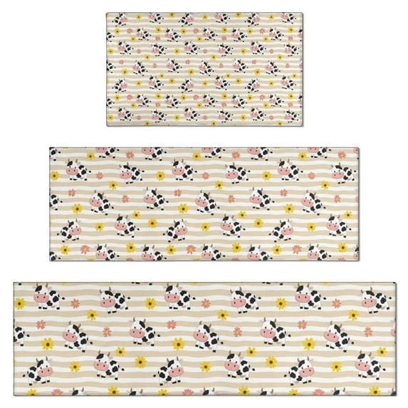 Beige Cow Flower Pattern Kitchen Rugs Sets Of 3,Kitchen Runner Rugs Non Skid Washable,Decorative Kitchen Floor Mats for Kitchen,Sink,Laundry,17"x30"+ 17"x47" + 17"x59"