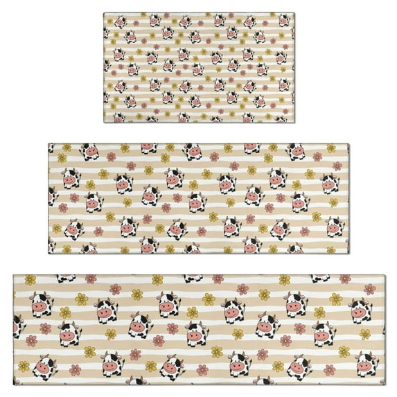 Beige Cow Flower Pattern Kitchen Rugs Sets Of 3,Kitchen Runner Rugs Non Skid Washable,Decorative Kitchen Floor Mats for Kitchen,Sink,Laundry,17"x30"+ 17"x47" + 17"x59"