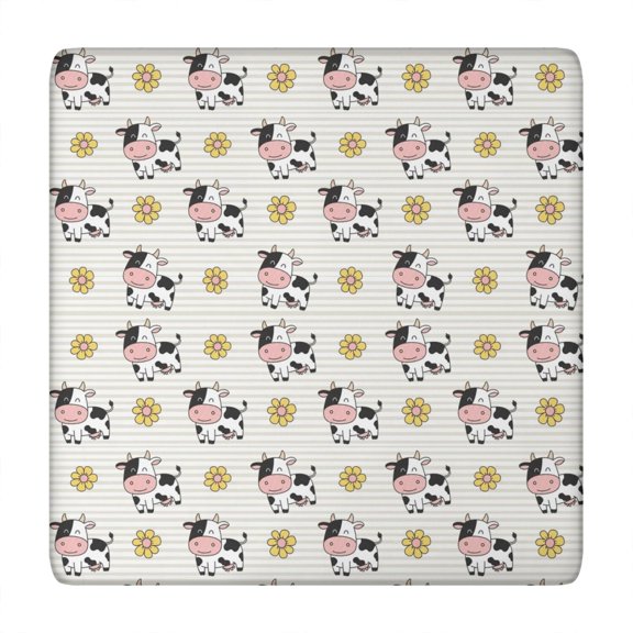 Beige Cow Flower Pattern Square Fitted Tablecloth with Elastic Edge,Square Table Cover,Washable Elastic Table Cover for Home Kitchen Party Decor 34"x34"