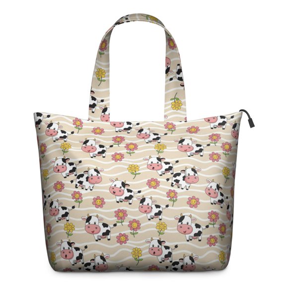 Beige Cow Flower Pattern Travel Tote Bags for Women Carry On,Large Weekender Bags for Women Travel,Multi Functional Duffle Bag for Work,Shopping,Sports