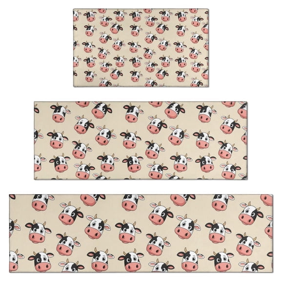 Beige Cow Head Pattern Kitchen Rugs Sets Of 3,Kitchen Runner Rugs Non Skid Washable,Decorative Kitchen Floor Mats for Kitchen,Sink,Laundry,17"x30"+ 17"x47" + 17"x59"