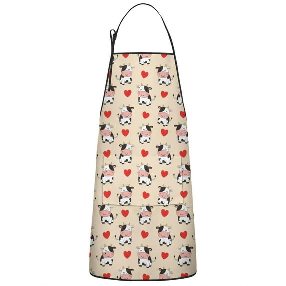 Beige Cow Heart Pattern Apron-Garden Aprons for Women with Pockets-Cotton Linen Waterproof Kitchen Cooking Gardening Aprons Adjustable for Kitchen,Cooking,BBQ and Salon 33x27 Inch