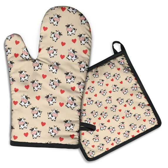 Beige Cow Heart Pattern Kitchen Oven Mitt and Pot Holder Sets 2 Pcs for Baking, Cooking and Grilling, Heat Resistant Up To 392 °F