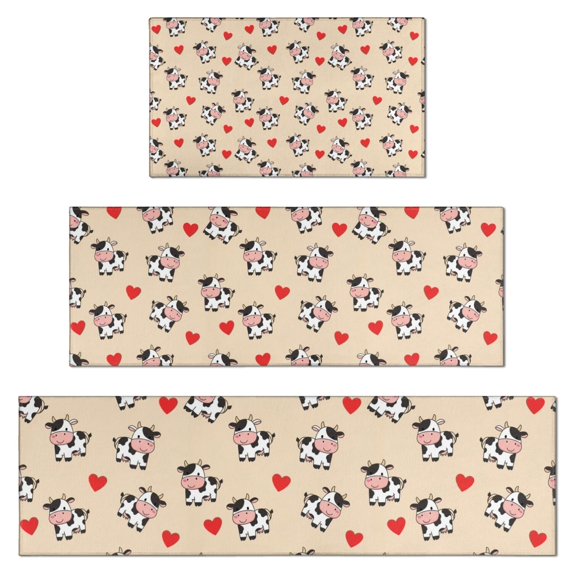 Beige Cow Heart Pattern Kitchen Rugs Sets Of 3,Kitchen Runner Rugs Non Skid Washable,Decorative Kitchen Floor Mats for Kitchen,Sink,Laundry,17"x30"+ 17"x47" + 17"x59"