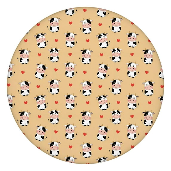 Beige Cow Heart Pattern Round Fitted Tablecloth with Elastic Edge,Dining Table Cover Waterproof,Outdoor Round Tablecloth for Camping,Dining,Indoor and Outdoor
