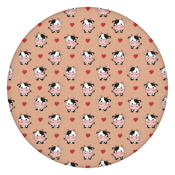 Beige Cow Heart Pattern Round Fitted Tablecloth with Elastic Edge,Dining Table Cover Waterproof,Outdoor Round Tablecloth for Camping,Dining,Indoor and Outdoor