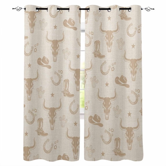 Beige Cow Skull Blackout Curtains for Bedroom, Southwestern Vintage Cowboy Boots Burlap Thermal Insulated Kitchen Drapes with Grommets, Light Blocking Window Treatment, 2 Panels 52" x 84"