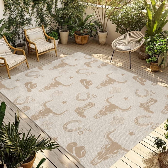Beige Cow Skull Outdoor Rug for Patio/Deck/Porch, Non-Slip Large Area Rug 4 x 6 Ft, Southwestern Vintage Cowboy Boots Burlap Indoor Outdoor Rugs Washable Area Rugs, Camping Rug Carpet Runner