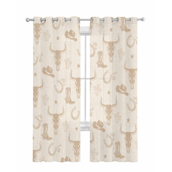 Beige Cow Skull Sheer Curtains 84 Inch Length 2 Panels Set for Living Room/Bedroom, Southwestern Vintage Cowboy Boots Burlap Kitchen Curtains Grommet Semi-Sheer Curtains Window Treatments 42"x84"x2