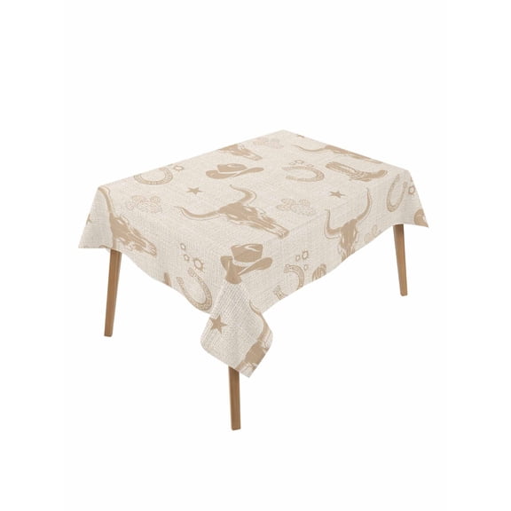 Beige Cow Skull Table Cloth, Waterproof Tablecloth for Rectangle Tables, Southwestern Vintage Cowboy Boots Burlap Reusable Washable Fabric Table Cover for Restaurant Kitchen Dining Tables 52"x70"