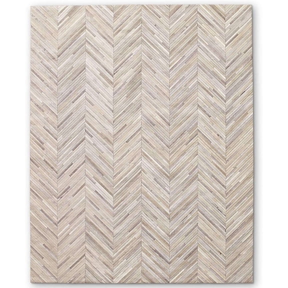 Beige Cowhide Leather Area Rug, Hair on Hide, Low Pile, Wool Backing, Chevron Pattern Carpet, 6x9 Ft