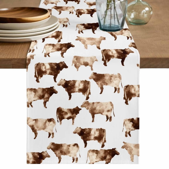 Beige Cows Farmhouse Table Runner, Cute Animals Print Washable Cotton Linen Table Runners 36 Inches Long, Dresser Scarf Runner for Nightstand/End Tables/Round Tables 13''x36''