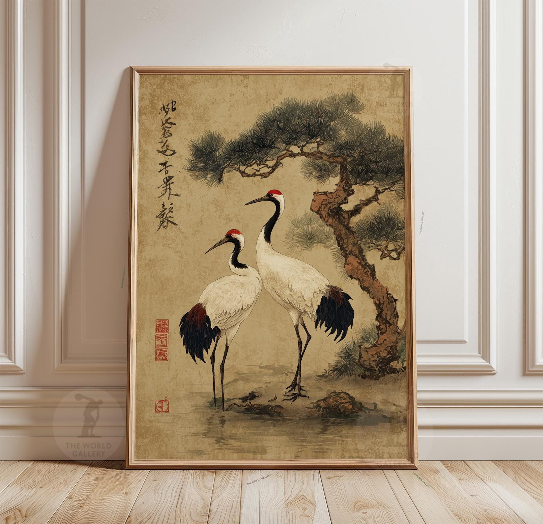 Tree Crain Beige Crane Poster, Japanese Pine Tree Wall Art, Vintage Asian Bird ...