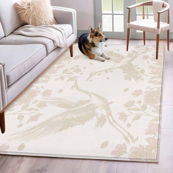 Beige Crane Silhouette Area Rugs 2.7'x5', Washable Small Throw Rugs for Kitchen Bedroom, Modern Abstract Flowers Botanical Indoor Outdoor Rug Non-Slip Low Pile Carpet Runner Reversible Floor Mats
