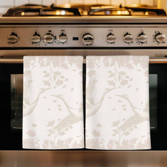 Beige Crane Silhouette Kitchen Towels Set of 1, Modern Abstract Flowers Botanical Absorbent Dish Towels for Kitchen, Microfiber Hand Towel, Quick Drying Tea Towel for Cleaning Decorative Dishcloths