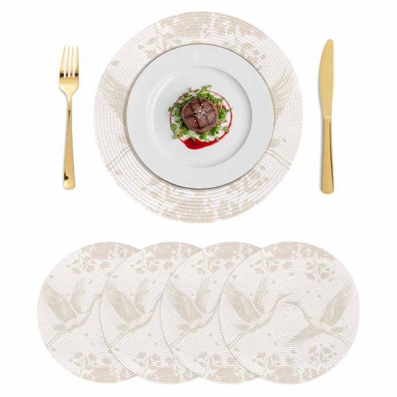 Beige Crane Silhouette Round 13 Inch Placemats Set of 4, Modern Abstract Flowers Botanical HeatResistant Non Slip Place Mats for Dining Table, Wipeable Braided Kitchen Table Mats for Housewarming