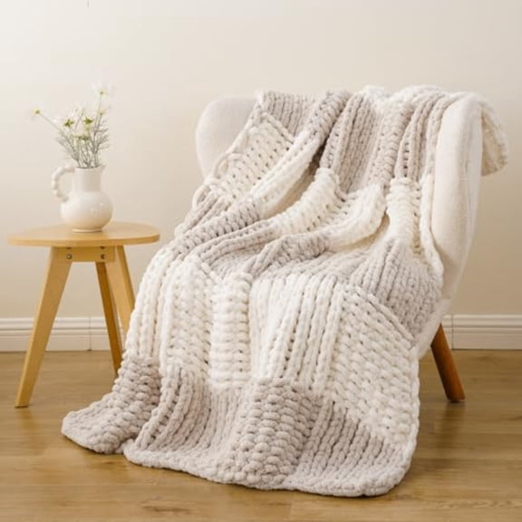 Beige Cream Chunky Knit Throw Blanket Soft and Thick Chenille Throw Blanket 50x60 Handmade Cable Knit Crochet Blanket Handmade Knot Throw Blankets for Couch Home Decor Beige White