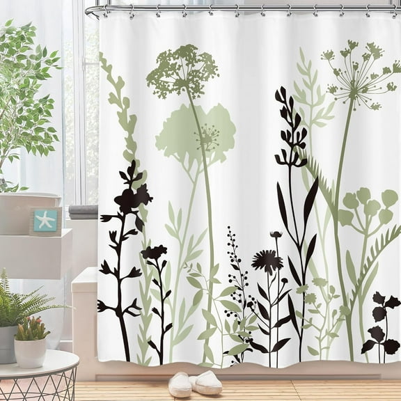 Beige Cream Floral Shower Curtain 60x72 Inch Taupe Brown Silhouette Wildflower Rustic Boho Plant Botanical Vintage Abstract with 12 Plastic Hooks Fabric Waterproof Toilet Accessories Decor