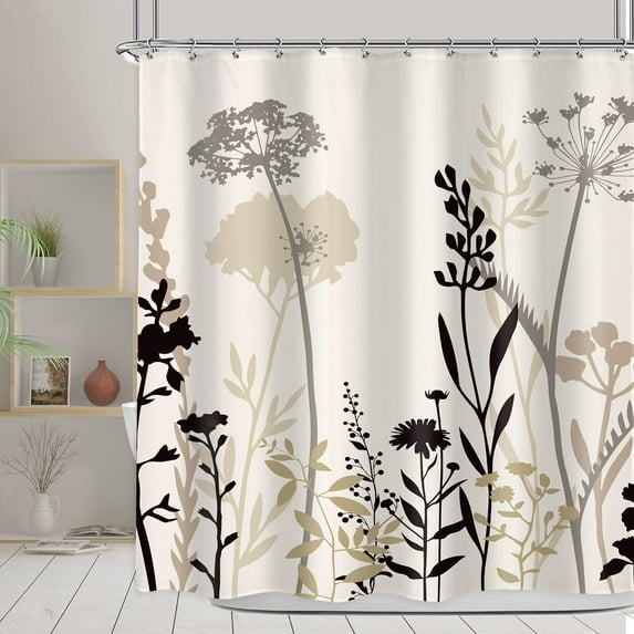 Beige Cream Floral Shower Curtain 72Wx72H Inch Taupe Brown Silhouette Wildflower Rustic Boho Plant Botanical Vintage Abstract with 12 Plastic Hooks Fabric Waterproof Toilet Accessories Decor