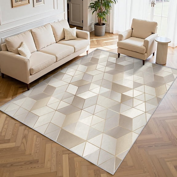 Beige Cream Geometric Area Rug, Modern Abstract Pattern Carpet, Washable Non Slip Low Pile Soft Thin, Living Room Bedroom Home Decor Mat 2x3ft