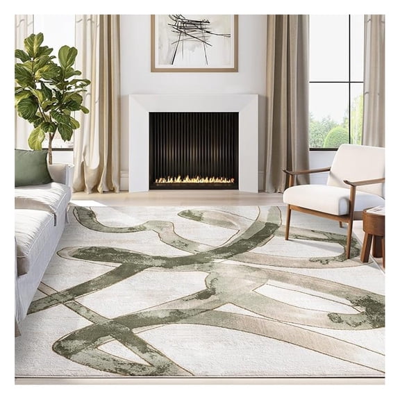 Beige Cream Green Graffiti Washable Area Rug 5' x 8' Abstract Artistic Design Collection Non-Shedding, Easy to Clean Durable for High Traffic Areas Living Room & Bedroom