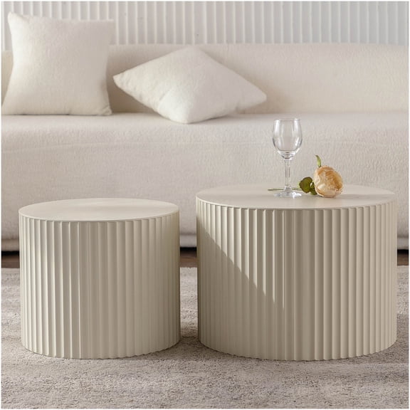 Beige Cream Round Wood Coffee Table for Living Room, Modern Handcrafted Relief Accent Table for Small Spaces, No Assembly Required