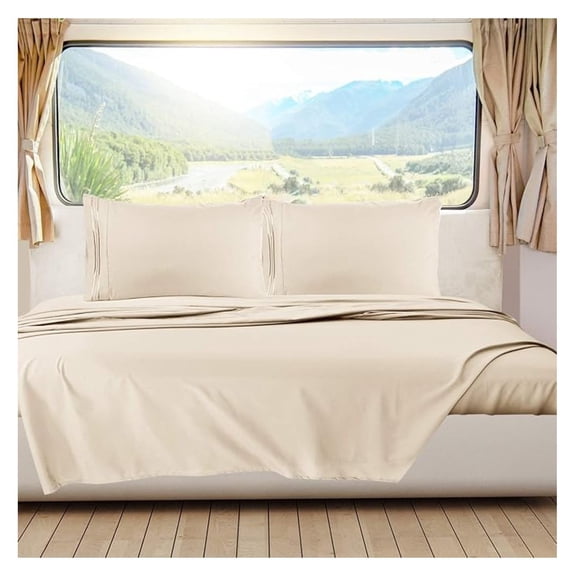 Beige Cream Short Queen Sheets for RV, Hotel Luxury RV Queen Sheets Set, 6 Piece Fitted Bed Sheet Set and Pillowcases, Super Soft, Wrinkle-Free, and Breathable Bedding