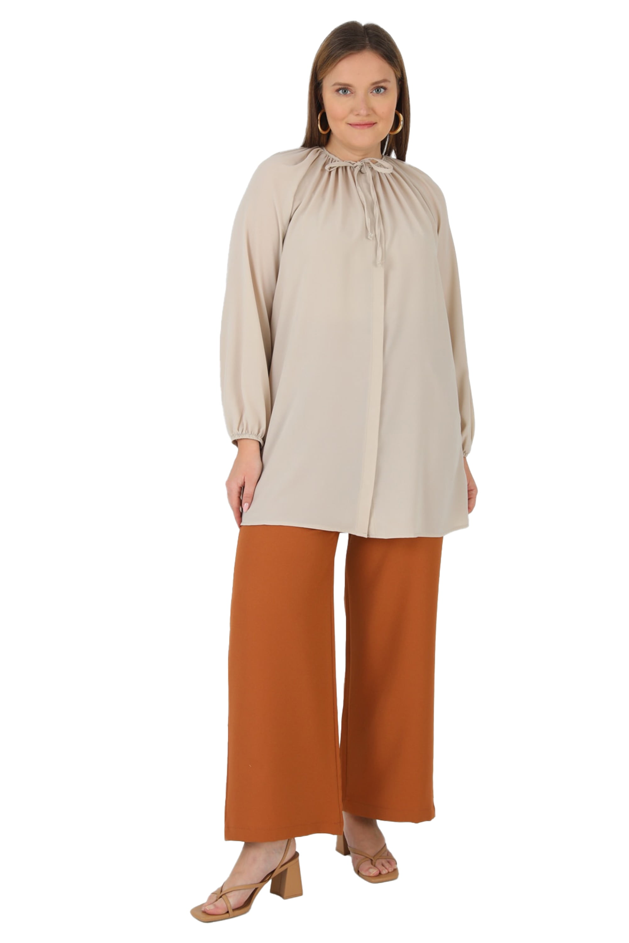 Beige Crew neck Plus Size Blouse Alia