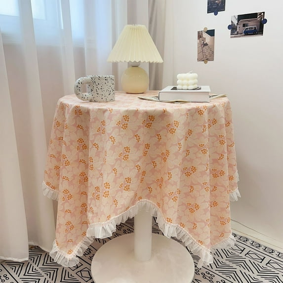 Beige Crochet Round Tablecloth with Tassels Embroidered Lace Tablecloth Farmhouse Floral Design Table Covers for Party Birthday Dinning Table Cloth