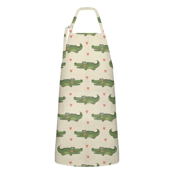 Beige Crocodiles Hearts Pattern Apron-Garden Aprons for Women with Pockets-Cotton Linen Waterproof Kitchen Cooking Gardening Aprons Adjustable for Kitchen,Cooking,BBQ and Salon 33x27 Inch