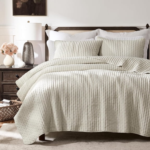 Beige Cross Stitch Twin Quilt Set, Neutral Striped Lightweight Soft Bedspread, Farmhouse Rustic Coverlet, All Season Thin Comforter Bedding