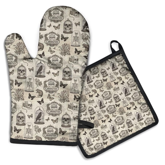 Beige Curiosity Shoppe Pattern Kitchen Oven Mitt and Pot Holder Sets 2 Pcs for Baking, Cooking and Grilling, Heat Resistant Up To 392 °F