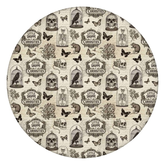 Beige Curiosity Shoppe Pattern Round Fitted Tablecloth with Elastic Edge,Dining Table Cover Waterproof,Outdoor Round Tablecloth for Camping,Dining,Indoor and Outdoor