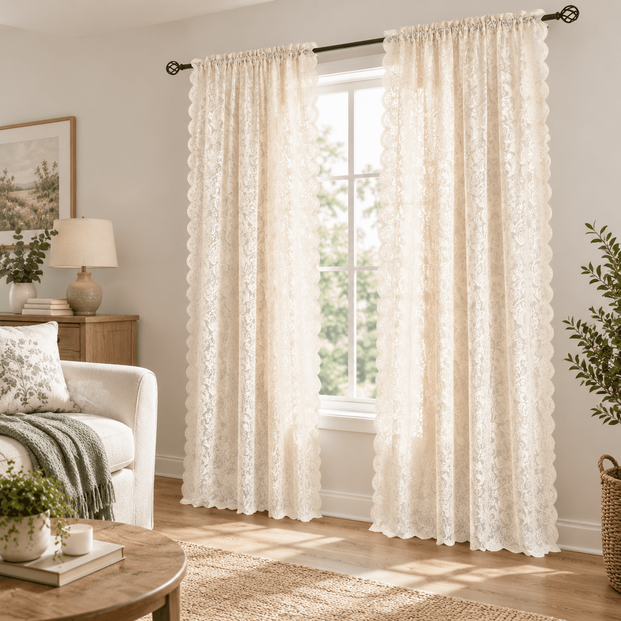 Beige Curta108 Inches Long Fancy Sheer Fllace For Living Room Bedroom ...