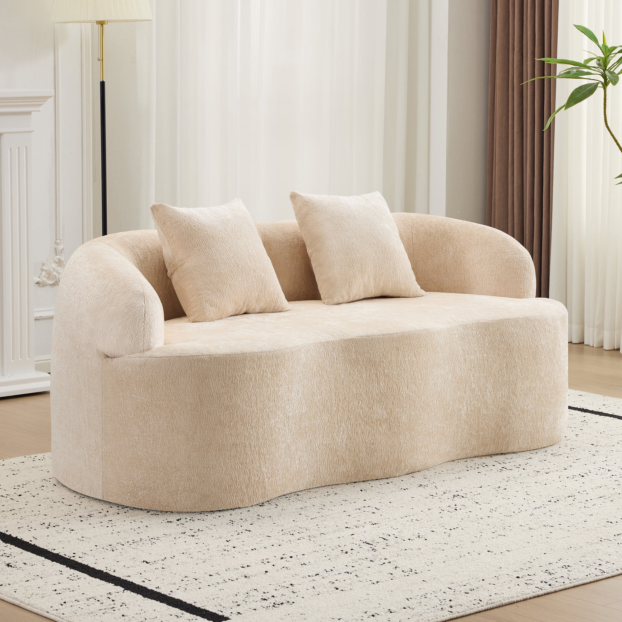 Beige Curved Loveseat Sofa with Round Armrest, Teddy Velvet Fabric Compression Couch with 2 Pillows, Cream Couch for Small Space, Living Room, Bedroom, No Assembly