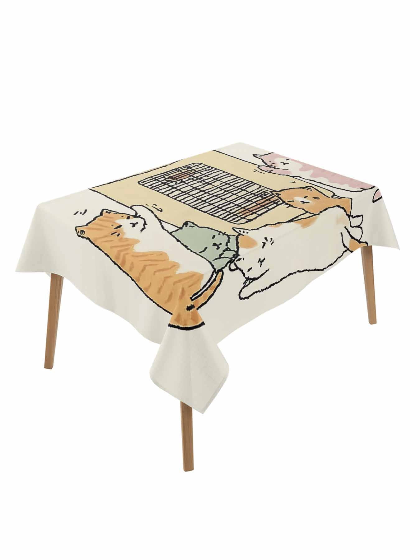 Beige Cute Cat Rectangle Tablecloth, Cartoon Funny Heater Cats ...