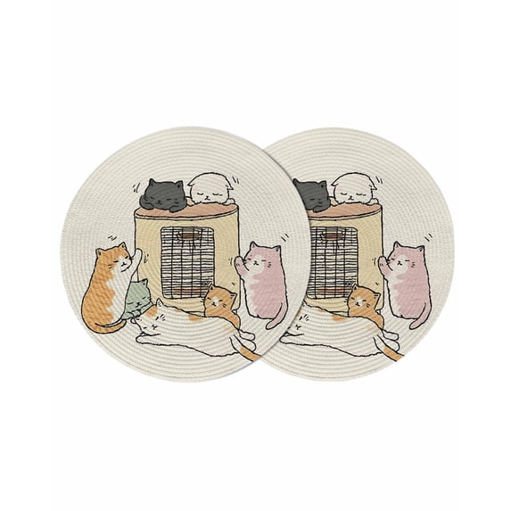 Beige Cute Cat Round 13 Inch Placemats Set of 2, Cartoon Funny Heater Cats HeatResistant Non Slip Place Mats for Dining Table, Wipeable Braided Kitchen Table Mats for Housewarming