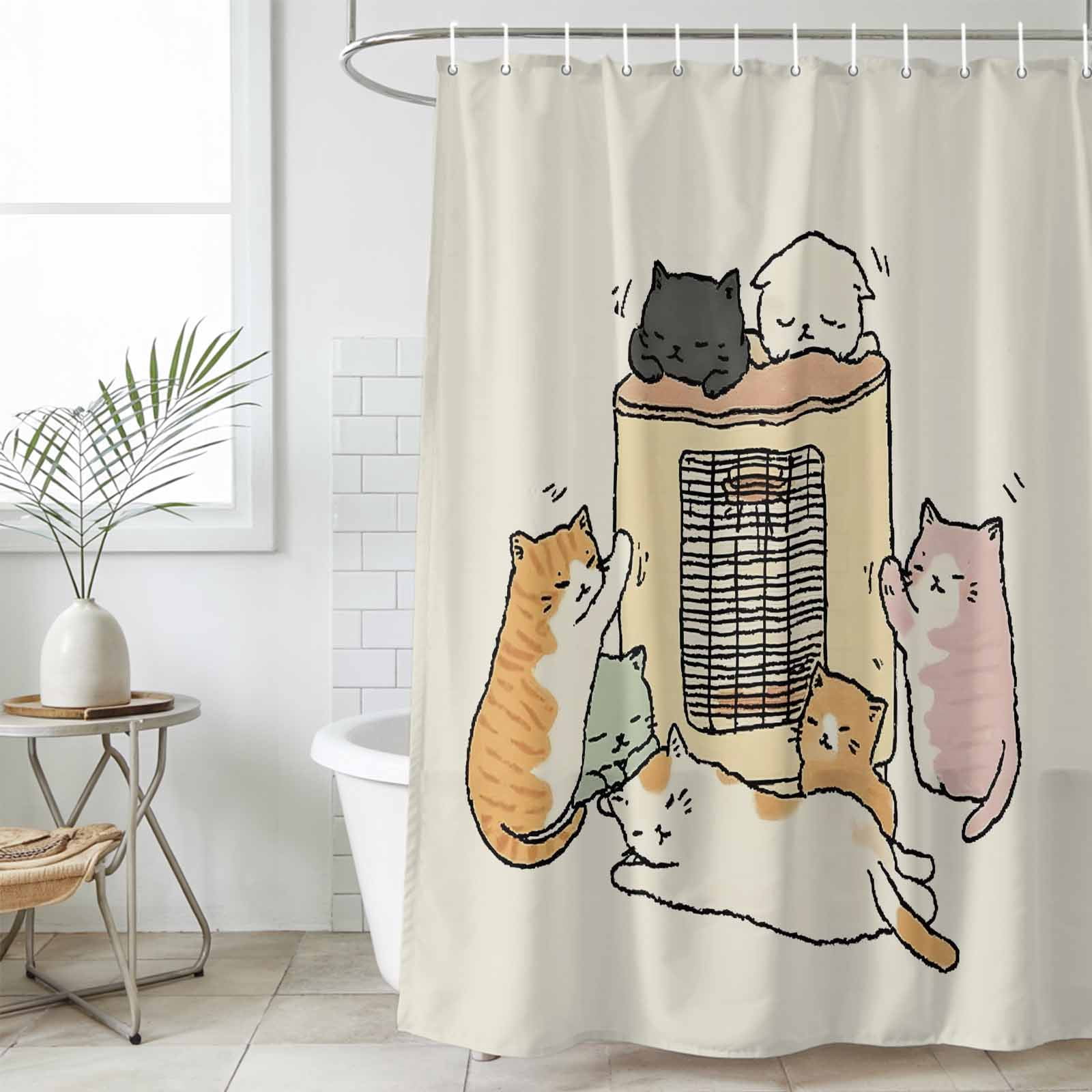 Beige Cute Cat Shower Curtain Set, Waterproof Shower Curtains for