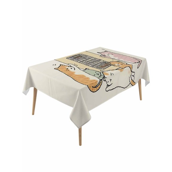 Beige Cute Cat Table Cloth, Waterproof Tablecloth for Rectangle Tables, Cartoon Funny Heater Cats Reusable Washable Fabric Table Cover for Restaurant Kitchen Dining Tables 60"x120"
