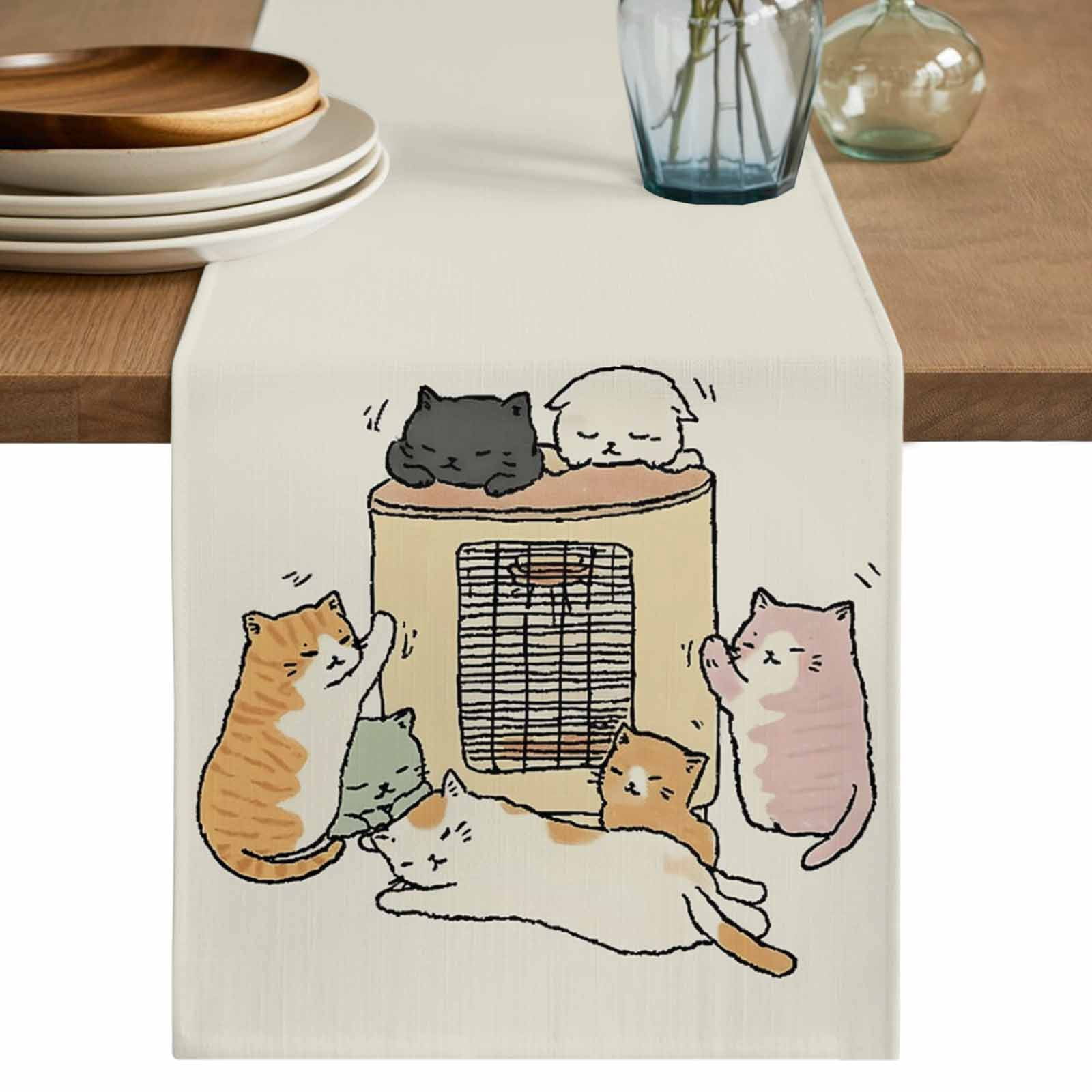 Beige Cute Cat Table Runner 72 Inches, Cartoon Funny Heater Cats Bed ...