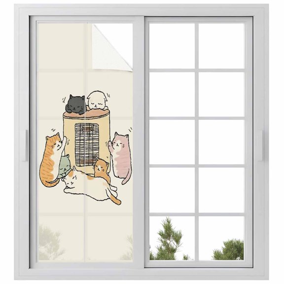 Beige Cute Cat Window Privacy Film, Cartoon Funny Heater Cats Static Cling UV Sun Blocking Heat Control Window Tint Day and Night, Non-Adhesive Reusable One Way Windows Privacy Cover 23.6''x59''