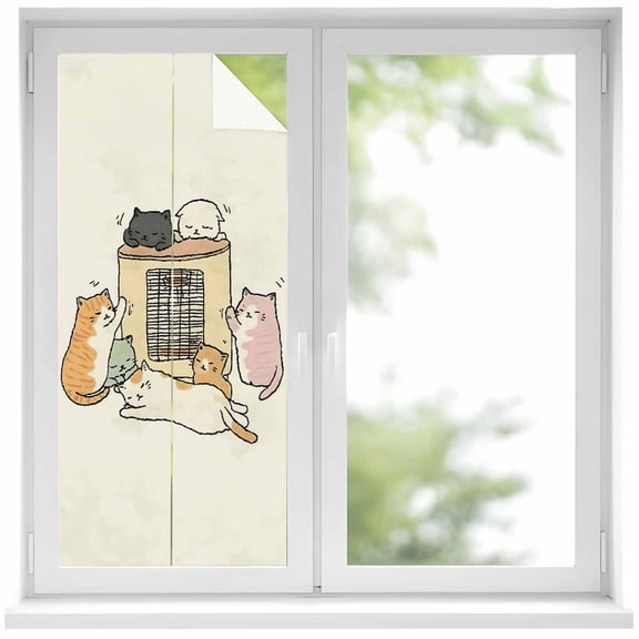 Beige Cute Cat Window Privacy Film, Cartoon Funny Heater Cats Static Cling UV Sun Blocking Heat Control Window Tint Day and Night, Non-Adhesive Reusable One Way Windows Privacy Cover 17.7''x39.3''
