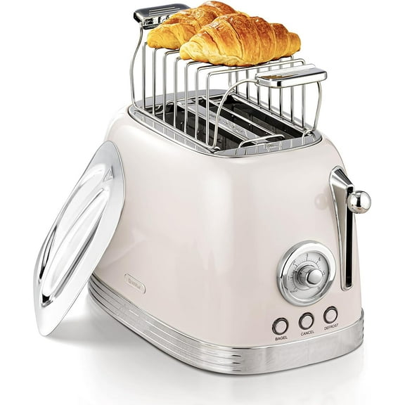 Beige Cute Retro Toaster 2 Slice with 1.58" Wide Slots, Bread toaster with Cover and Warm Rack, Stainless Steel Toasters with Removable Crumb Tray, Preheat, Defrost, Cancel Function (Cream)