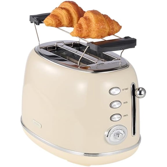 Beige Cute Retro Toaster 2 Slice with 1.58" Wide Slots, Bread toaster with Cover and Warm Rack, Stainless Steel Toasters with Removable Crumb Tray, Preheat, Defrost, Cancel Function (Cream)