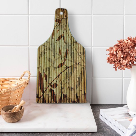 Beige Cutting Board, Bamboo Stems Background with Leaves and Stems Pattern Print, Decorative Tempered Glass Cutting and Serving Board, Wine Bottle Shape, Brown Tan Beige, by Ambesonne