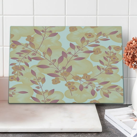 Beige Cutting Board, Pastel Berry Branches Autumn Spring Repetitive Vegetative Fresh Seasonal Graphic, Decorative Tempered Glass Cutting and Serving Board, Large Size, Pink Peach, by Ambesonne